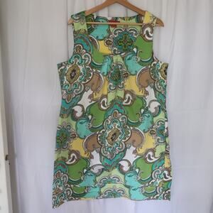 Sunny Leigh Linen Sheath Women Sz 16 Floral GreenYellowBlue Midi Sleeveless